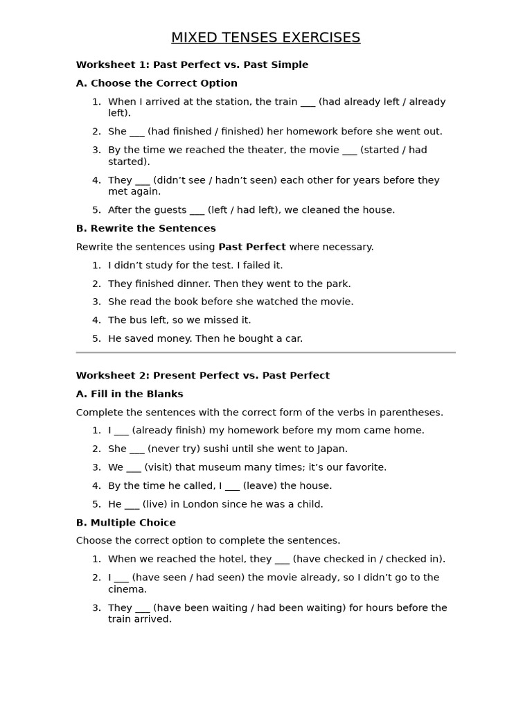 Mixed Tenses Practice Worksheets | PDF | Grammatical Tense | Perfect ...