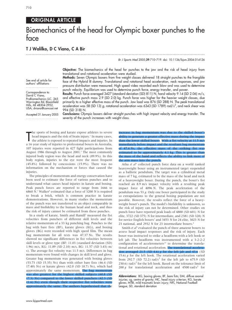 Biomechanics of Olympic Boxer Punches | PDF | Force | Concussion