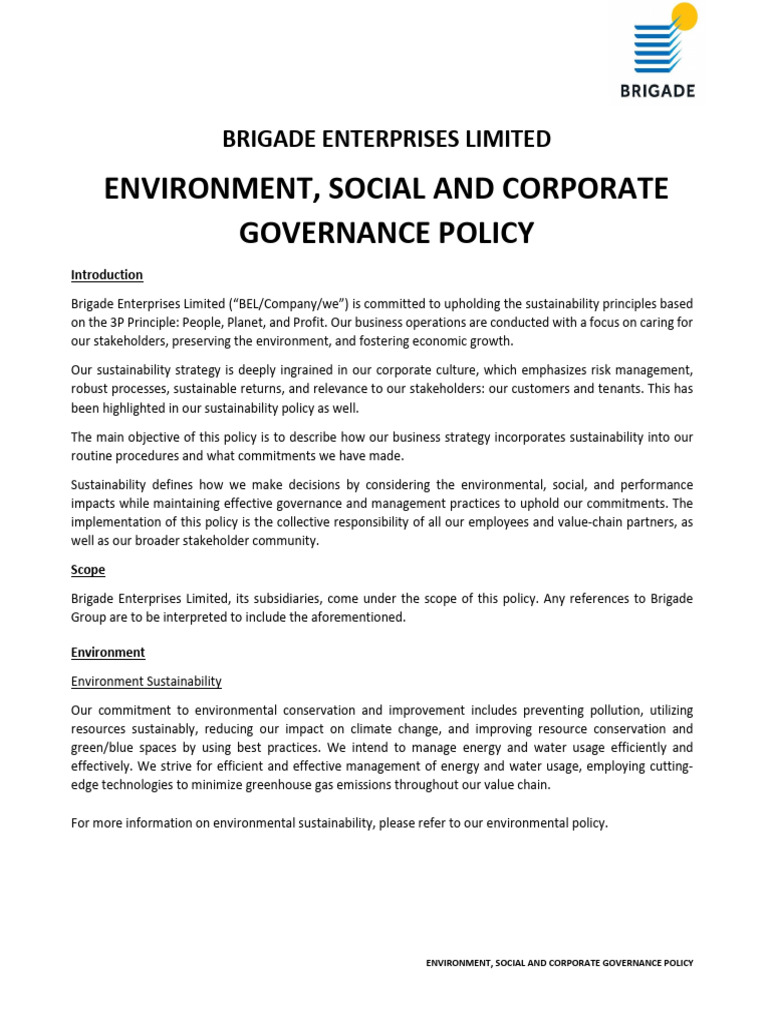 Brigade Enterprises ESG Policy Overview | PDF | Corporate Social ...