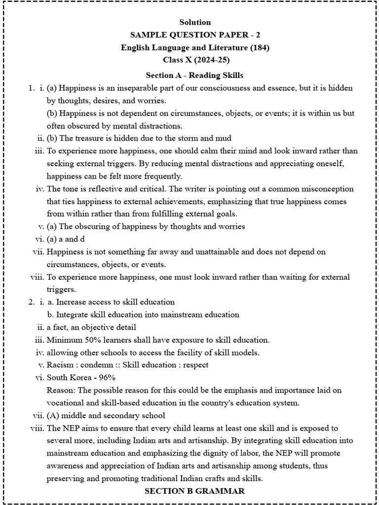 English Sample Paper Class 10 2025 | PDF | Happiness | Poverty