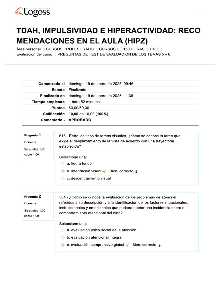 Test Temas 5 y 6 - TDAH. Impulsividad e Hiperactividad. Recomendaciones ...