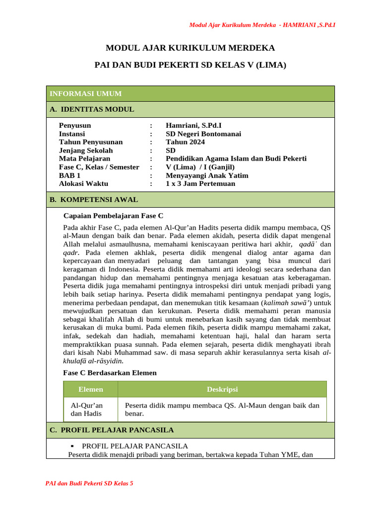 Modul Ajar KLS 5 Bab 1 Al-Maun (Video Ukin) | PDF