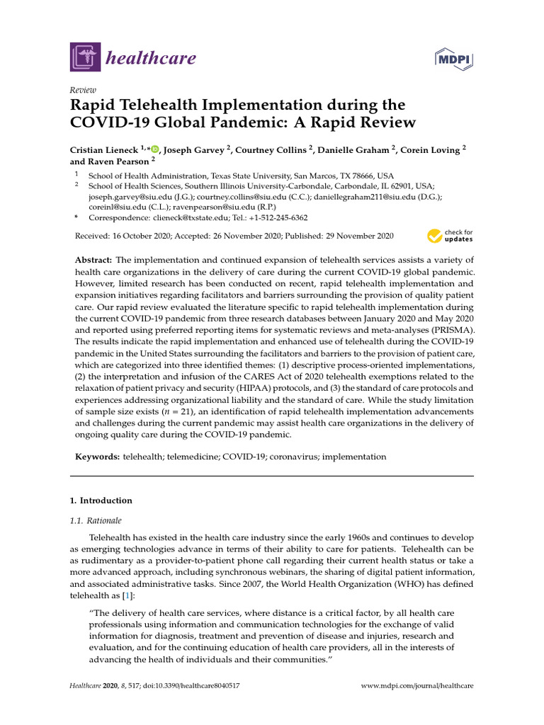 Rapid Telehealth Adoption During COVID-19 | PDF | Pub Med | Health Care