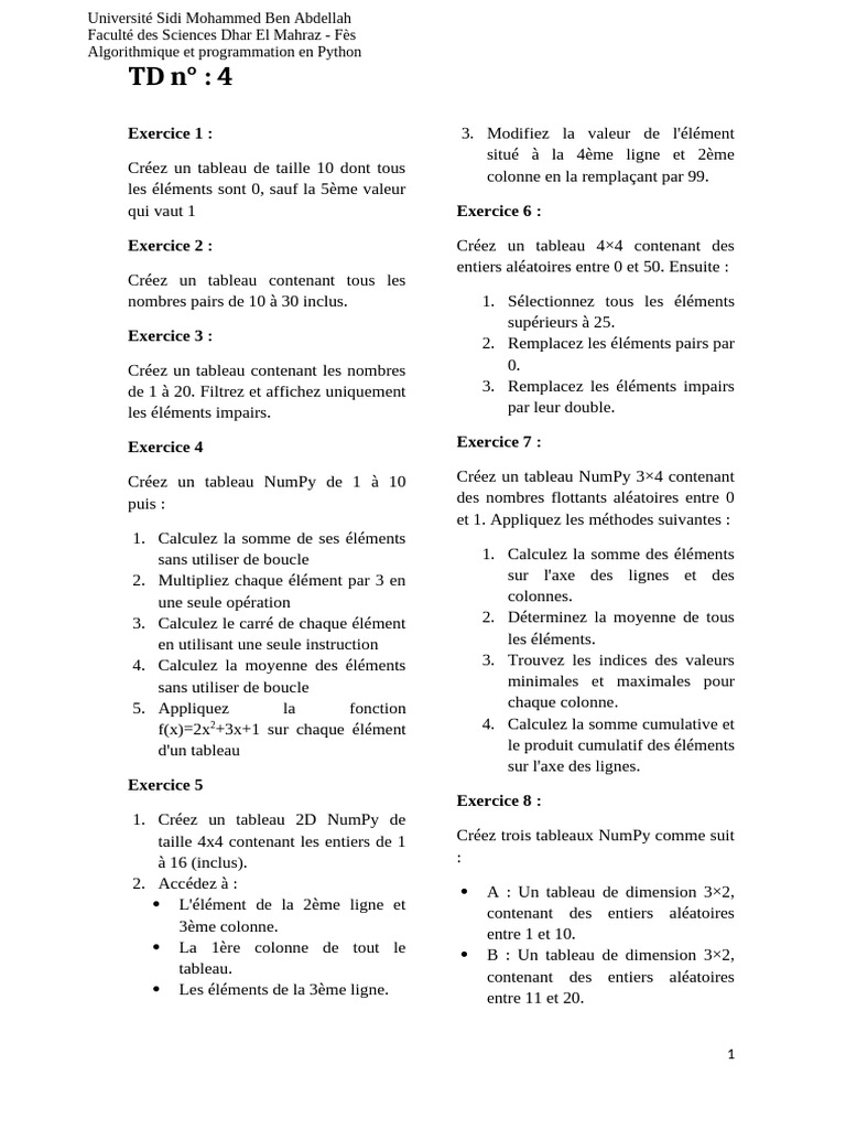 Exercices de programmation Python NumPy | PDF | Mathématiques appliqués ...