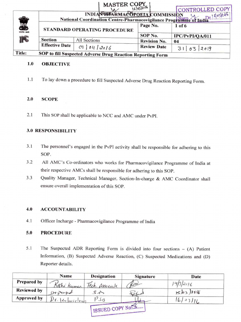 SOP QA011 SOP Fill Suspected ADR Reporting Form | PDF