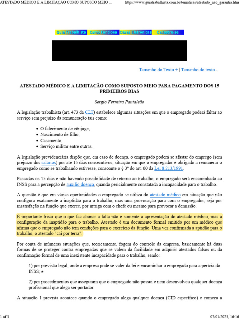 Atestado Médico e A Limitação Como Suposto Meio para Pagamento Dos 15 ...