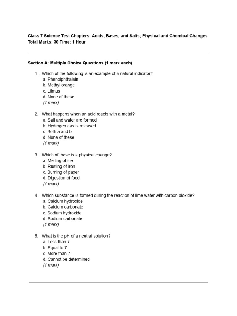 Class 7 Science Test Chapters - Acids, Bases, and Salts Physical and ...