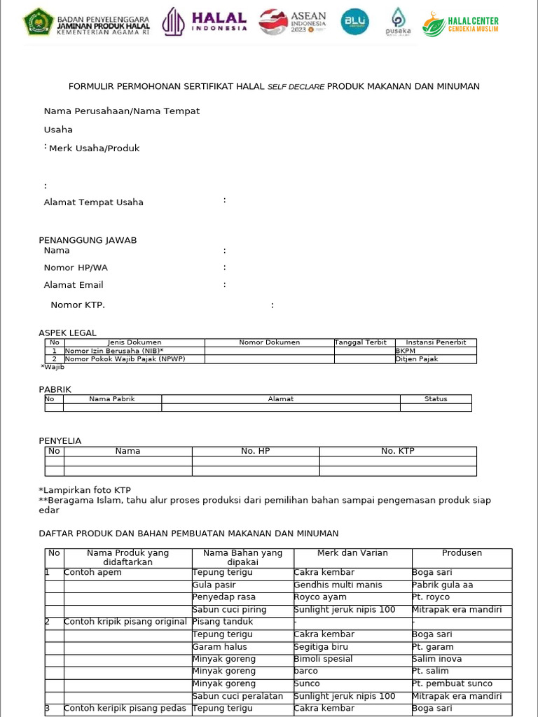Formulir Pendaftaran Sertifikat Halal | PDF