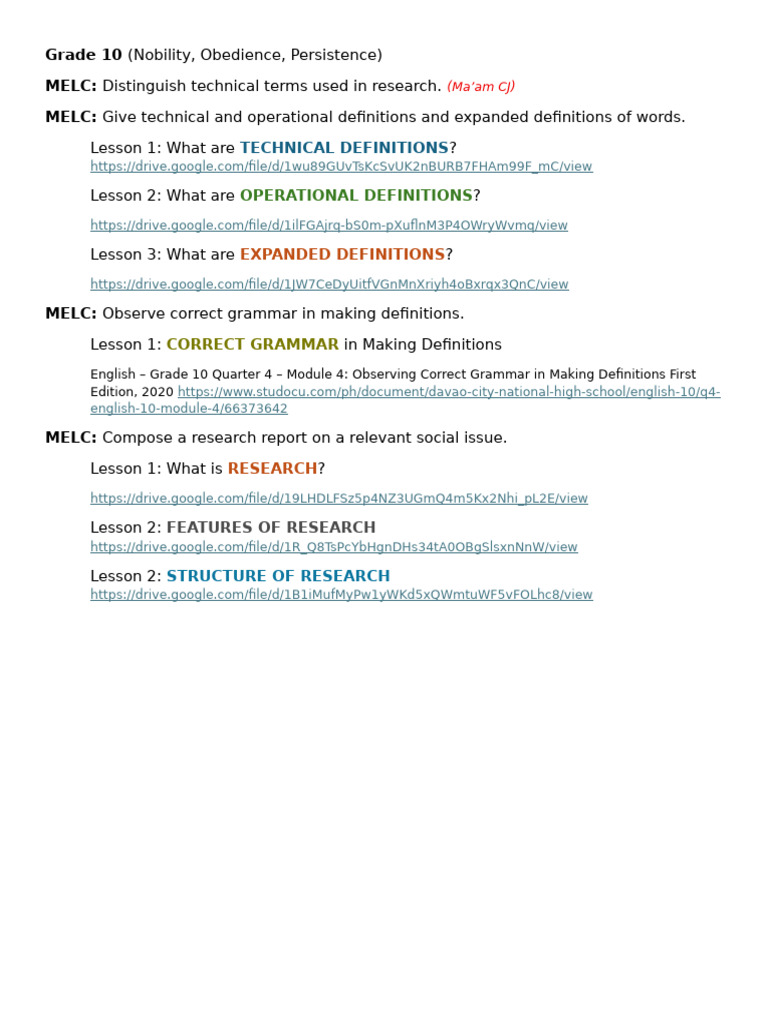 Grade 10 Research Definitions Guide | PDF