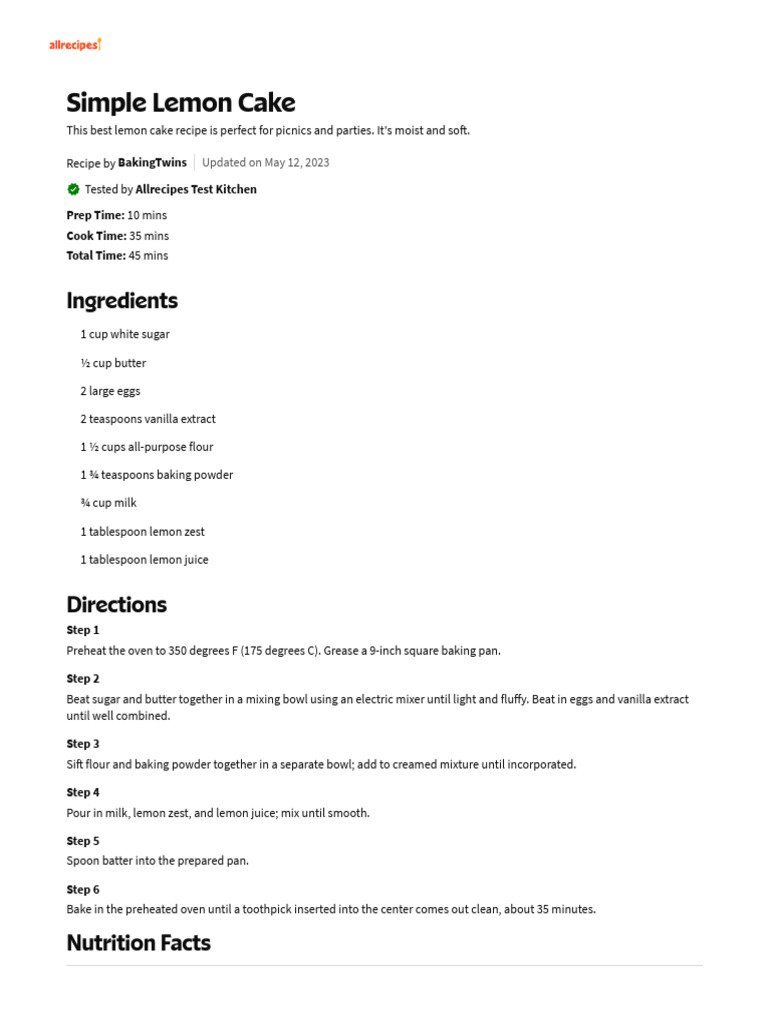 Easy Moist Lemon Cake Recipe | PDF