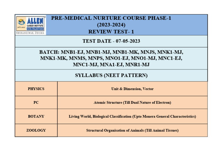MEDICAL NURTURE PHASE-1 (Session 2023-2024) RT-1 - 07-05-2023 | PDF