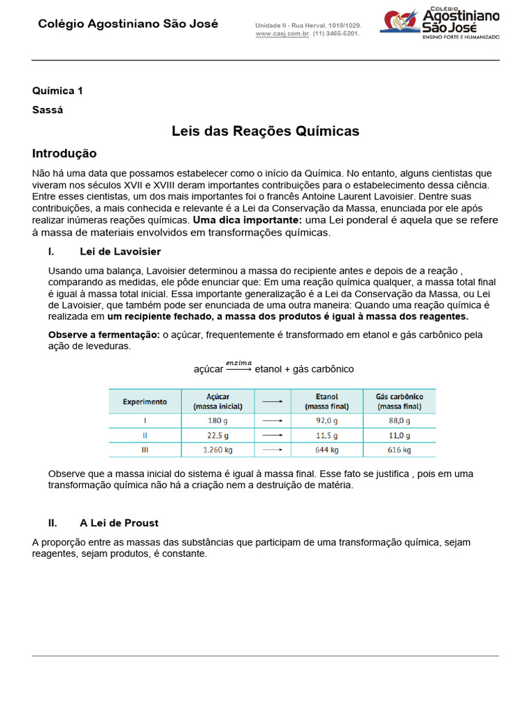 Leis das Reações Químicas em Química 1 | PDF | Química | Reações químicas