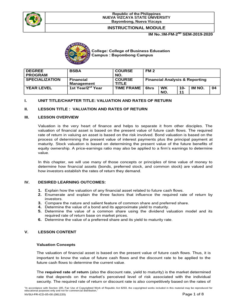 Module Iv Valuation And Rates Of Returns Pdf Bonds Finance