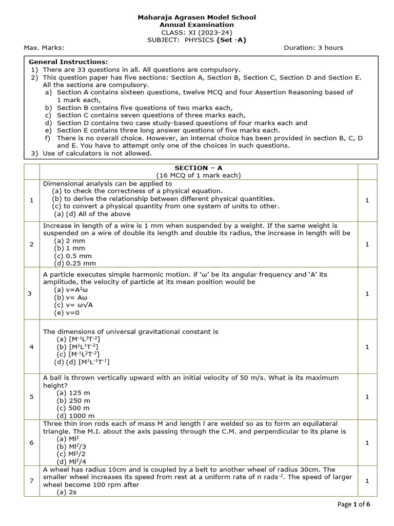 Class XI Physics Annual Exam Paper 2023-24 | PDF | Temperature ...
