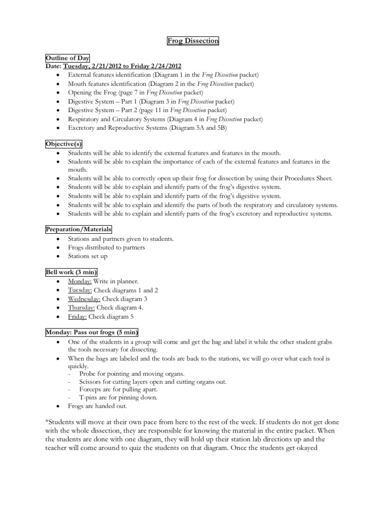 Frog Dissection Week Lesson Plans With Differentiation  PDF Within Frog Dissection Pre Lab Worksheet