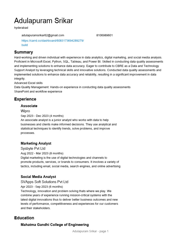 Data Analyst Profile: Skills & Experience | PDF | Data Analysis ...