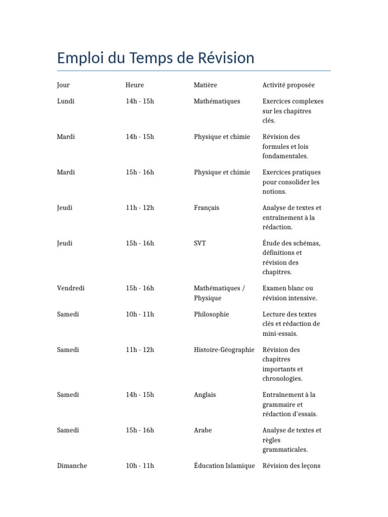 Emploi du Temps de Révision Scolaire | PDF