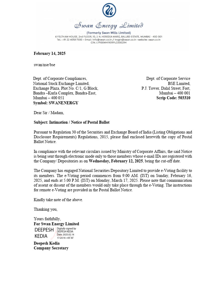 Swan Energy Postal Ballot Notice 2025 | PDF | Login | Electronic Voting