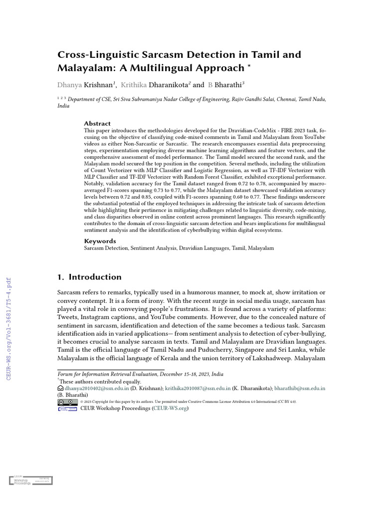 Cross-Linguistic Sarcasm Detection in Tamil and Malayalam | PDF | Cross ...