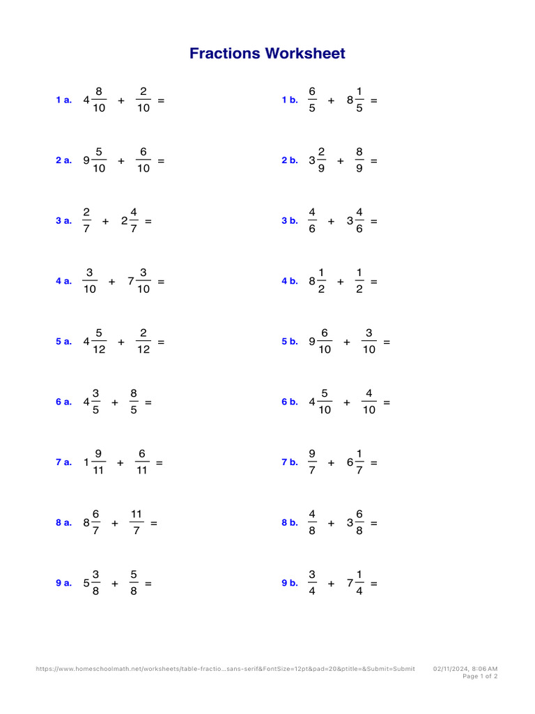 Fractions Addition Worksheet | PDF