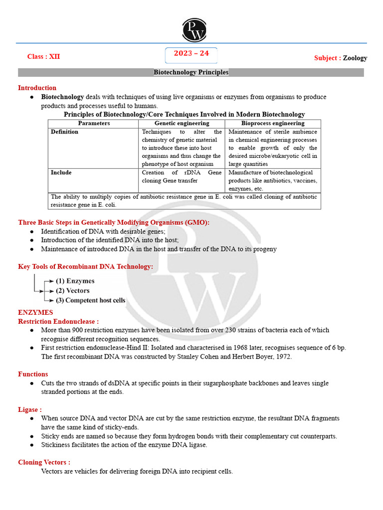Principles of Biotechnology Overview | PDF | Molecular Cloning | Plasmid