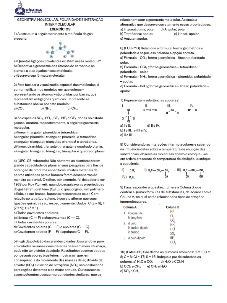 Geometria Molecular e Polaridade: Exercícios | PDF | Polaridade química ...