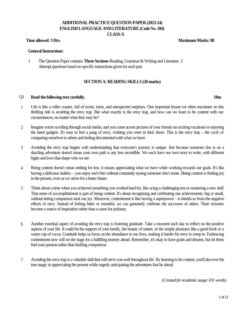 Class X English Practice Paper 2023-24 | PDF | Sneakers | Flower Bouquet