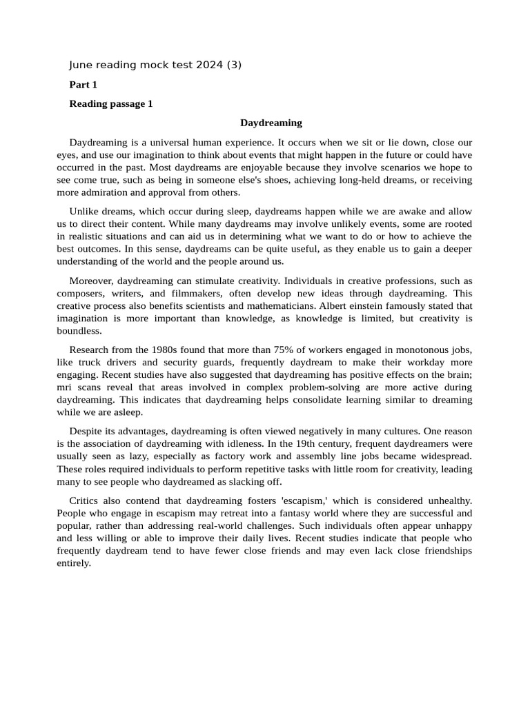 June Reading Mock Test 2024 | PDF