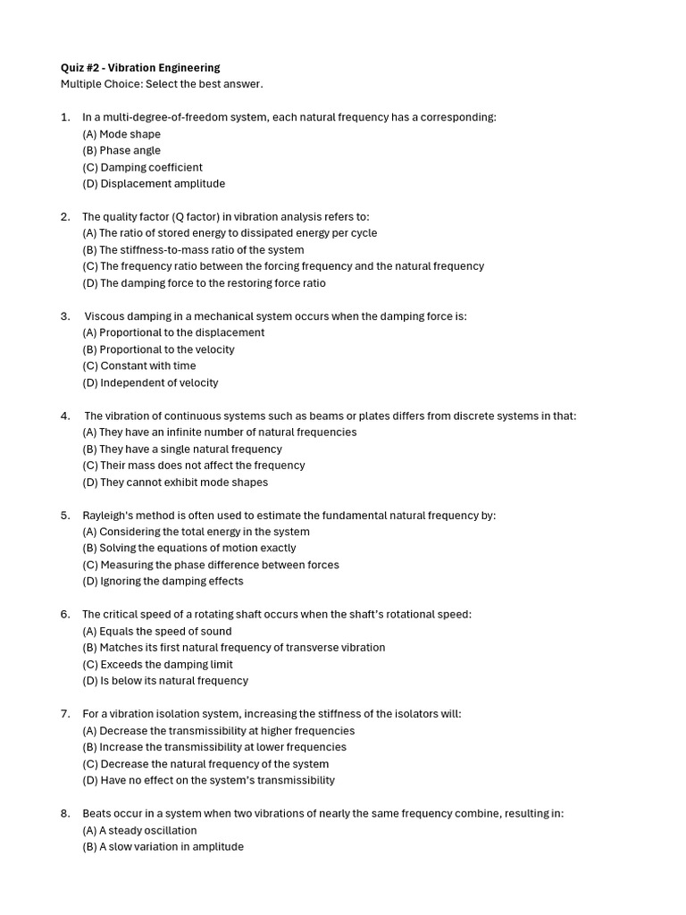 Vibration Engineering Quiz Questions | PDF | Oscillation | Damping