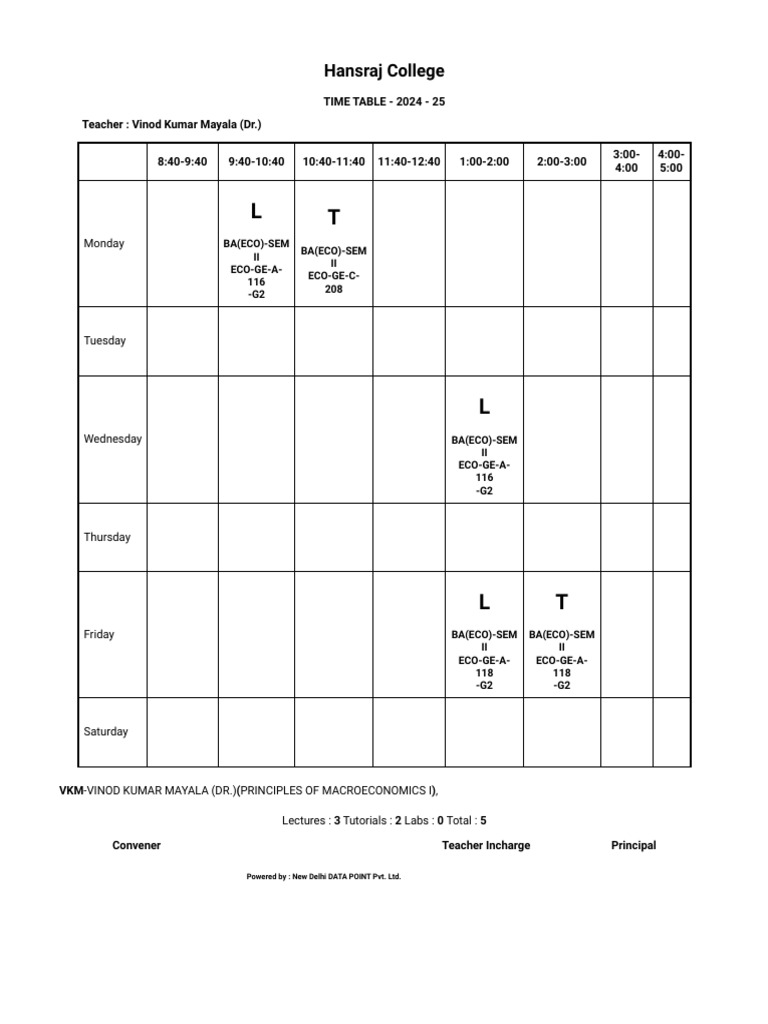 Hansraj College BA(ECO) Timetable 2024-25 | PDF