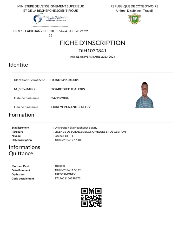 Fiche d'inscription Université 2023-2024 | PDF