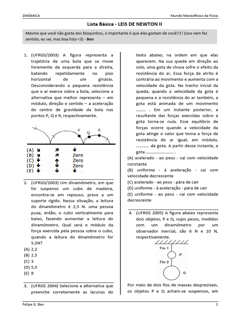 Questões de Dinâmica e Leis de Newton | PDF