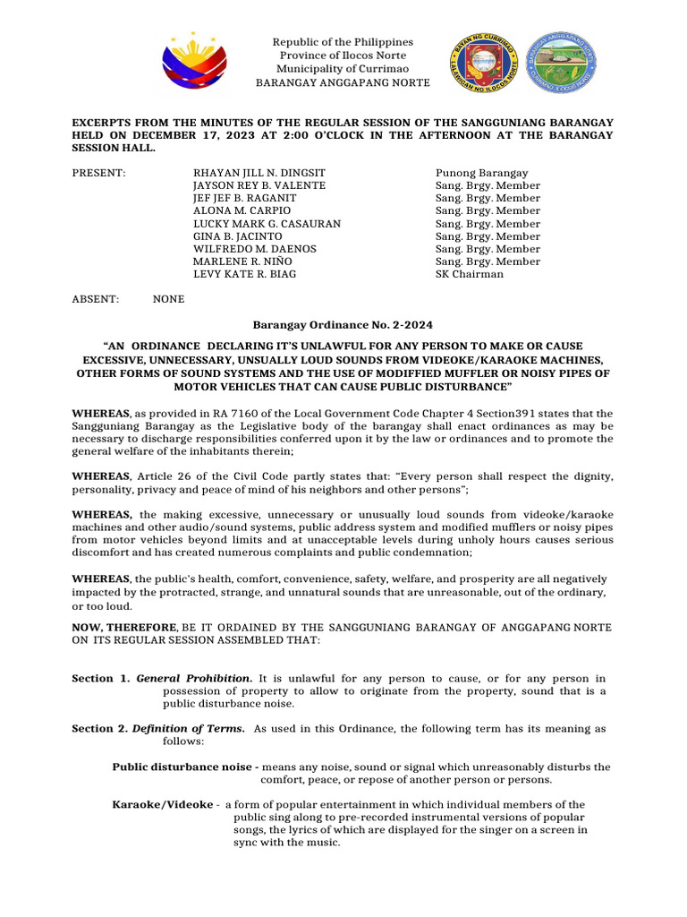 Barangay Ordinance on Noise Disturbance | PDF | Noise | Justice