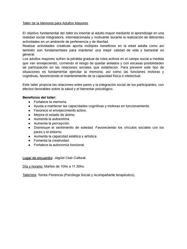 Taller de La Memoria para Adultos Mayores | PDF