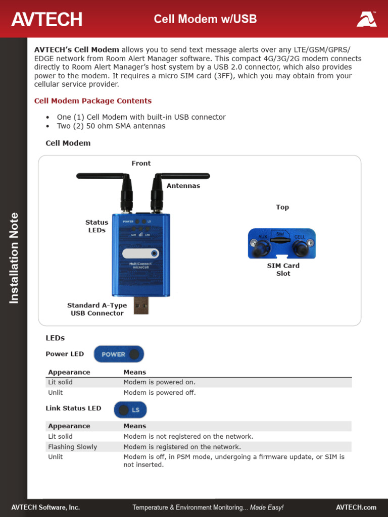 AVTECH Cell Modem Installation Guide | PDF | Usb | Modem