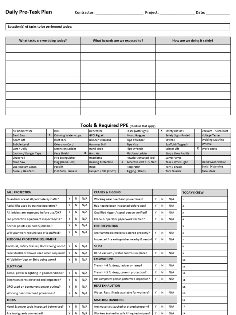6. Daily Pre-Task Plan | PDF | Personal Protective Equipment ...