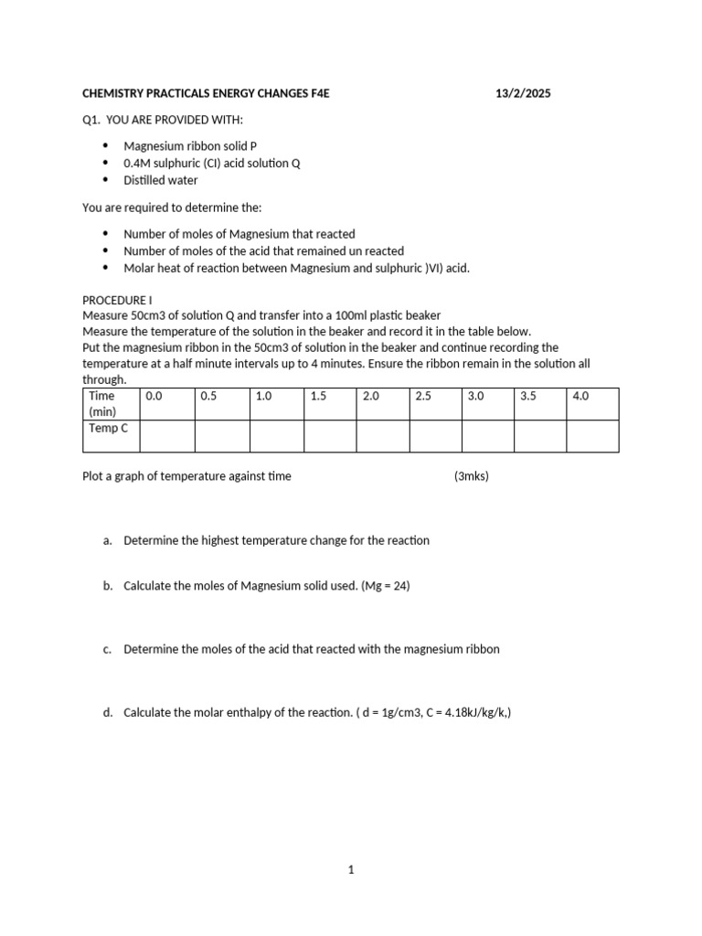 Chemistry Practicals Energy Changes F4e13 | PDF