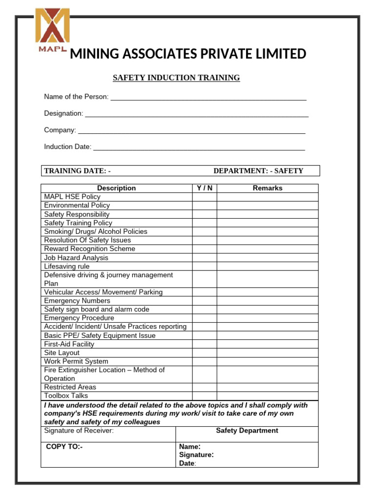 Safety induction training pdf