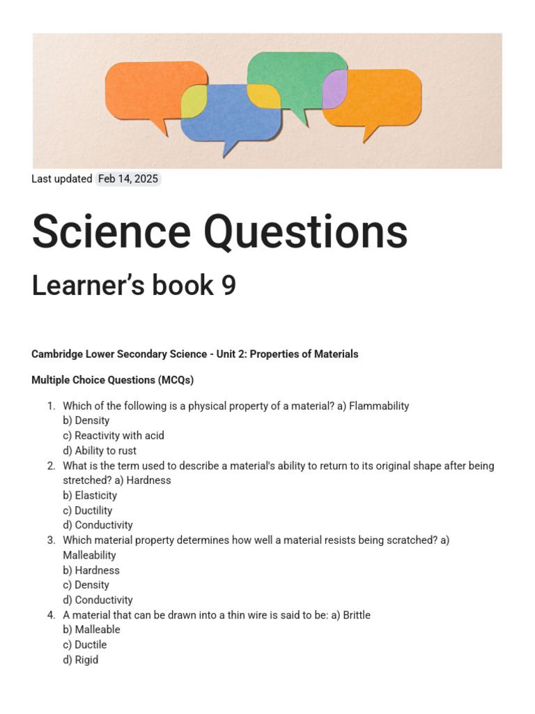 Sciene Quiz Learner Book 9 Unit 2 | PDF
