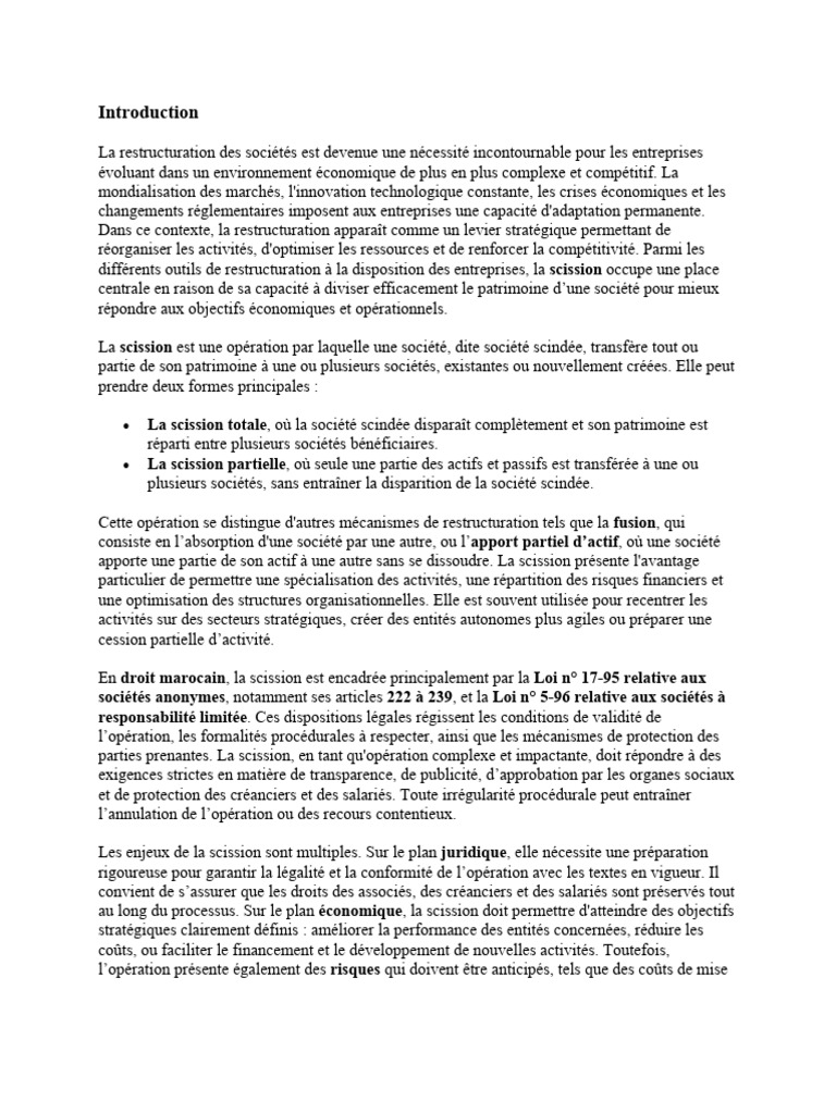 Scission d'entreprise : enjeux et étapes | PDF | Restructuration ...