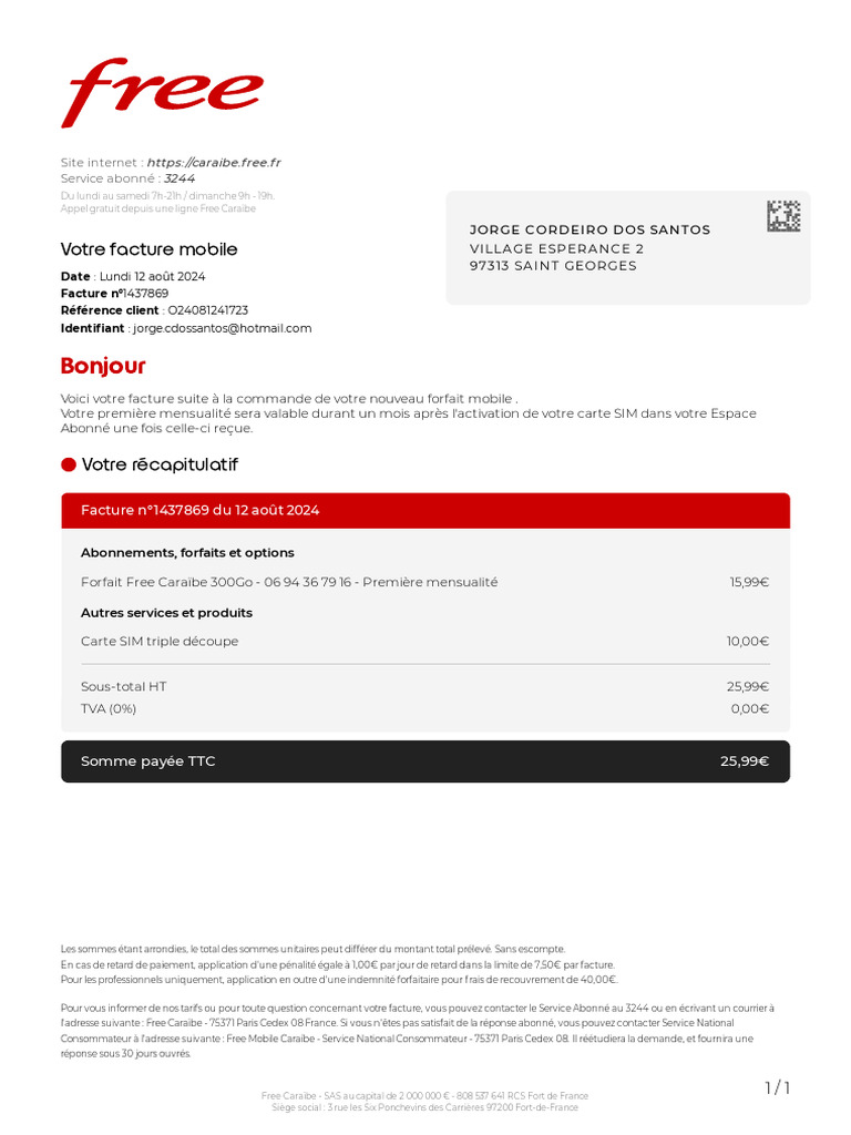 Facture Mobile Free Caraïbe - Août 2024 | PDF | Facture ...