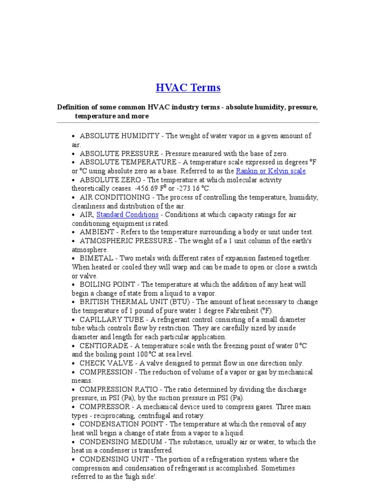 HVAC Terms Definition of Some Common HVAC Industry Terms Absolute