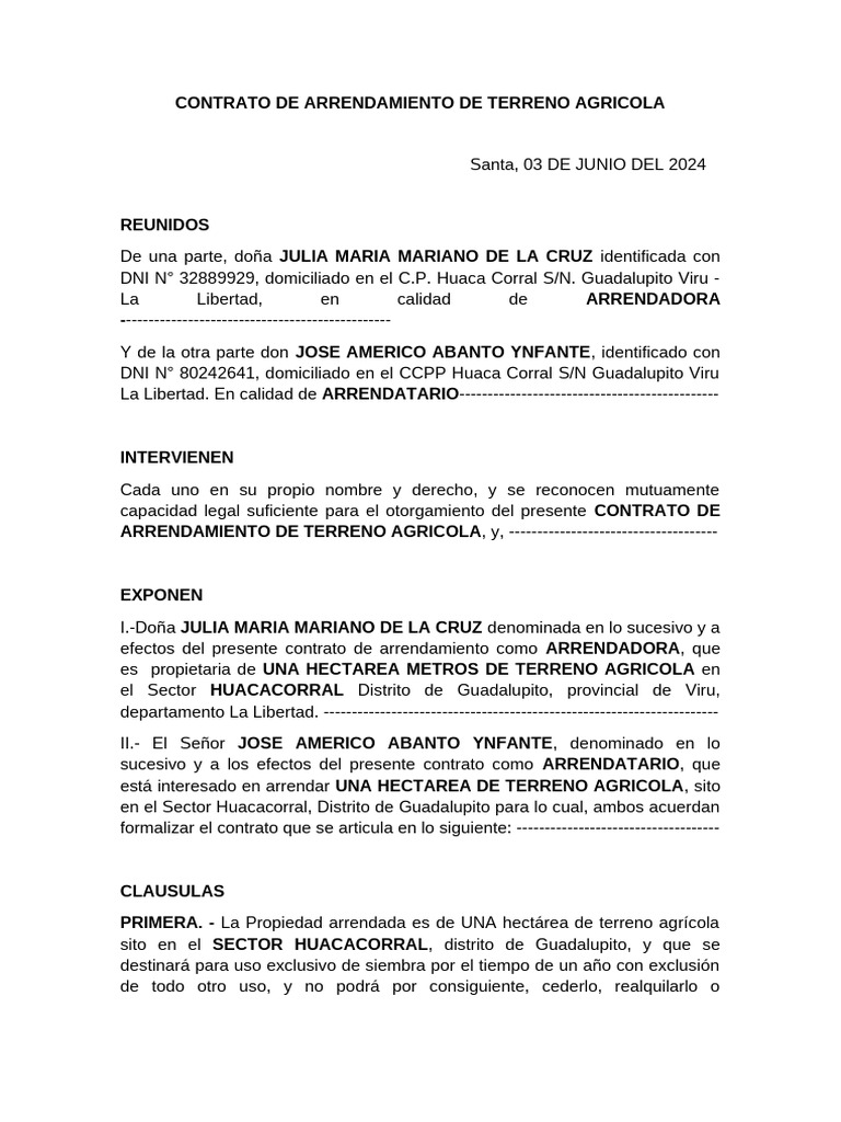 Contrato de Arrendamiento de Terreno Agricola - Señor | PDF