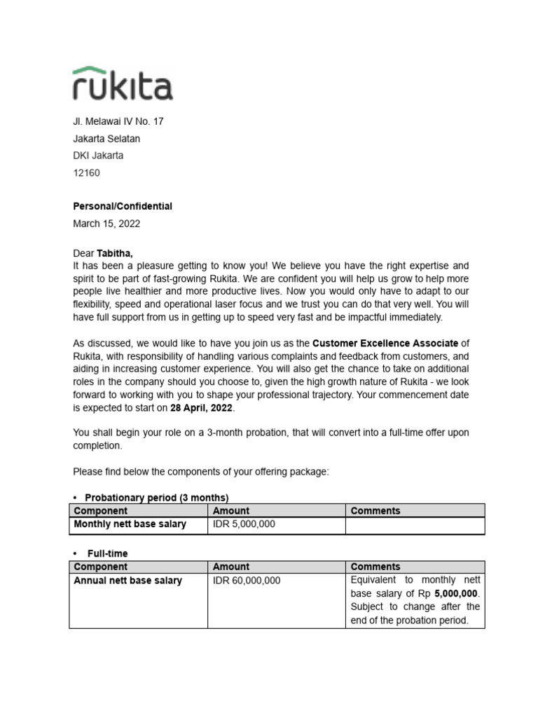 Offer Letter Tabitha - Customer Excellence Associate | PDF | Employee ...