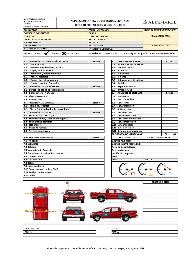 Lista de Verificación Camioneta Excel | PDF | Neumático | Vehículo de motor