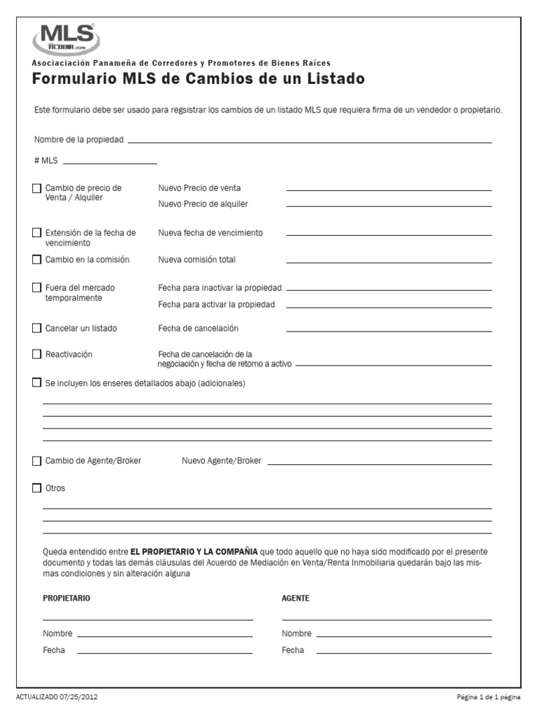 Formulario de Cambios en Listado MLS | PDF