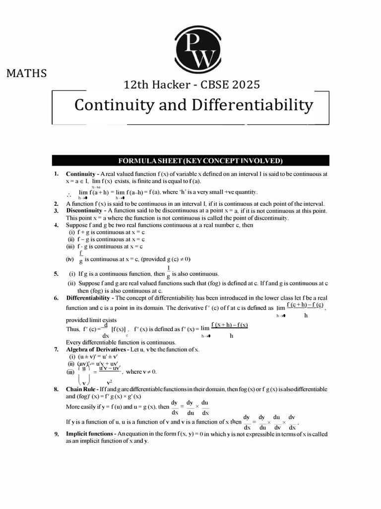 Continuity and Differentiability - Formula Sheet - 12th Hacker - CBSE ...