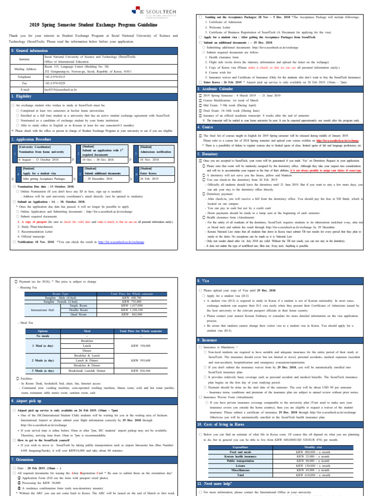 SeoulTech 2019 Exchange Program Guide | PDF | Travel Visa | Meal