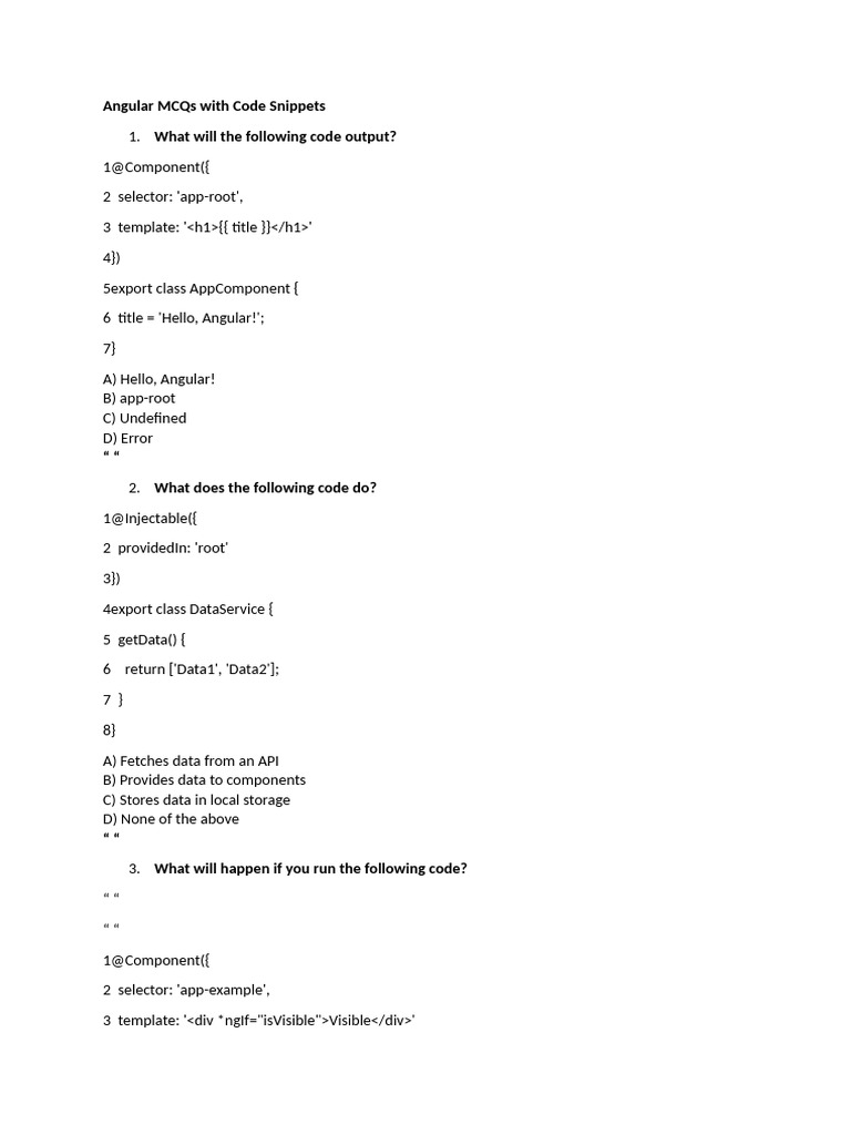 Angular MCQs With Code Snippets | PDF | Software | Computer Engineering image.