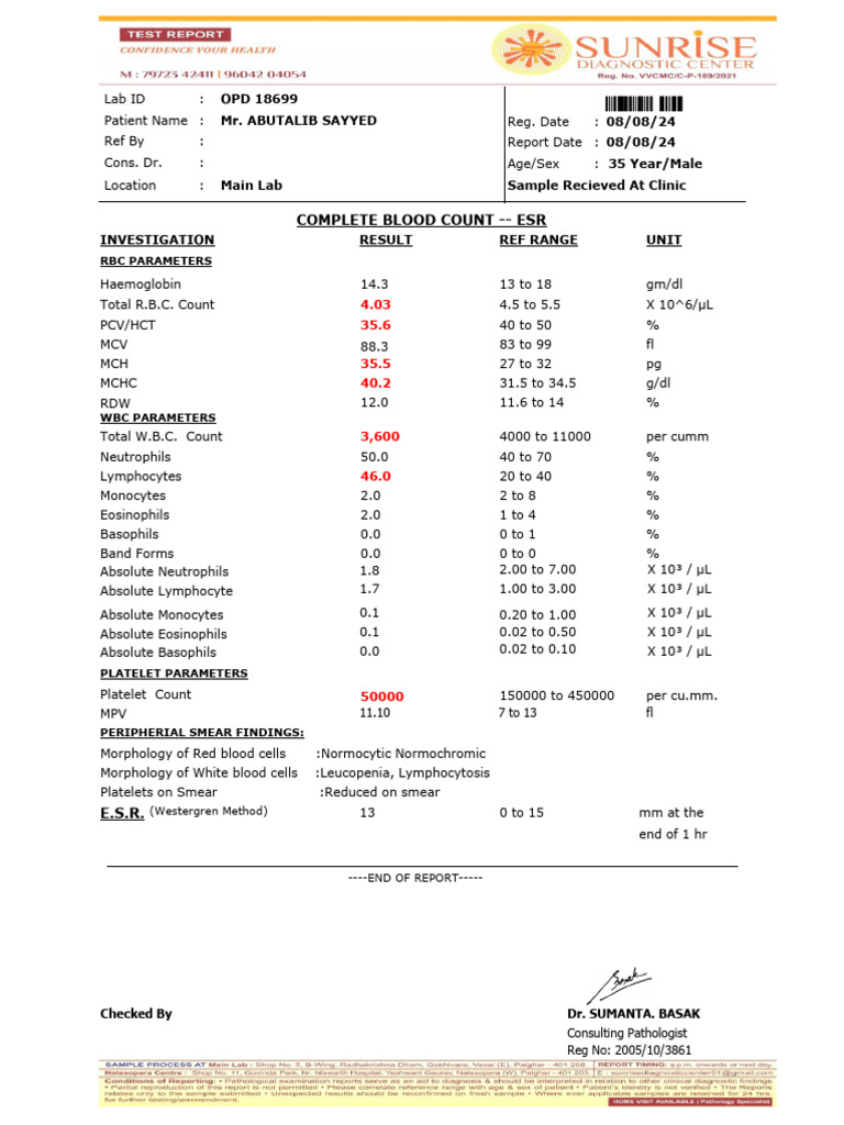 Complete Blood Count and Widal Test Report | PDF | White Blood Cell ...